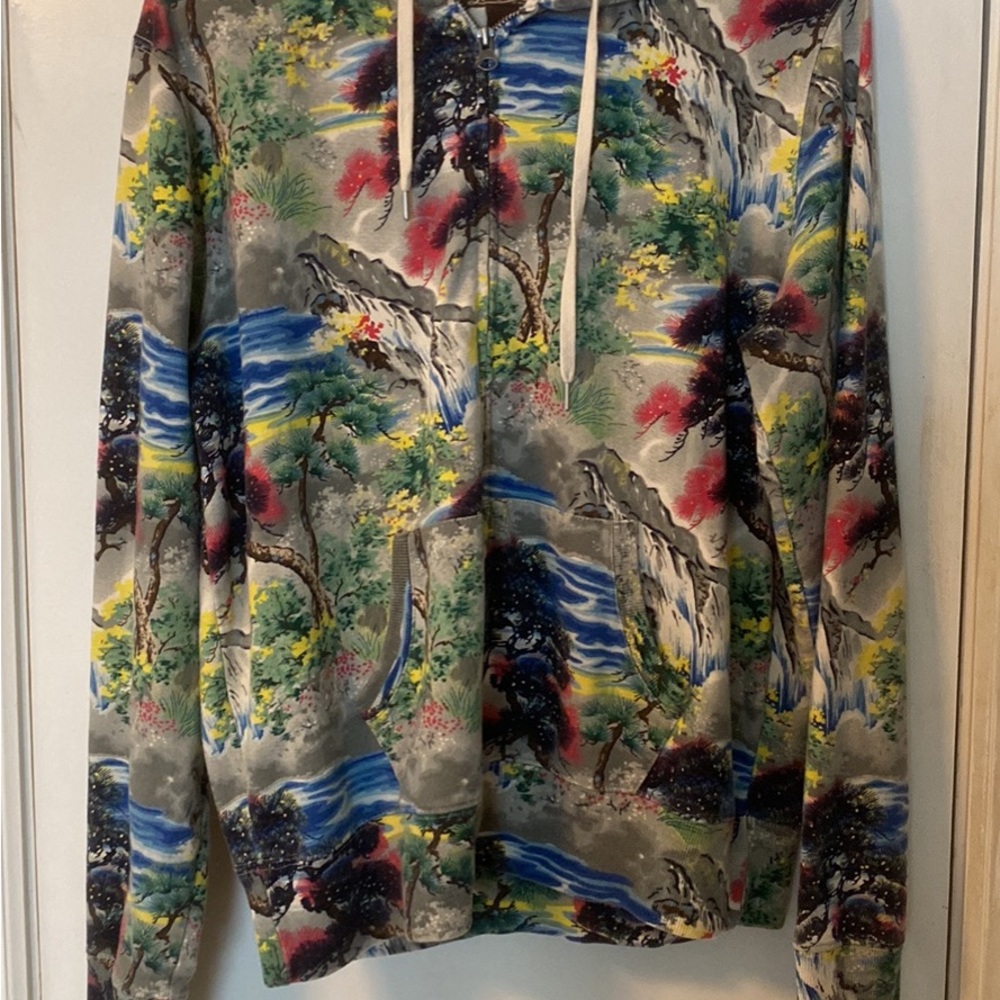 LUCKY BRAND Waterfalls Sweater Hoodie Size XL Full Zip Hawaiian Asian Art Themed